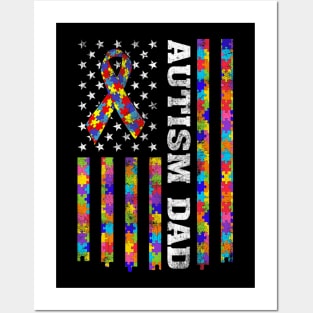 Autism Awareness Proud Autism Dad Vintage USA Flag Posters and Art